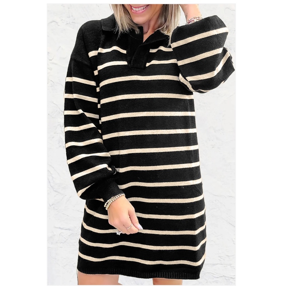 Garnet Hill Black and Cream Striped Dress 100%Cashmere